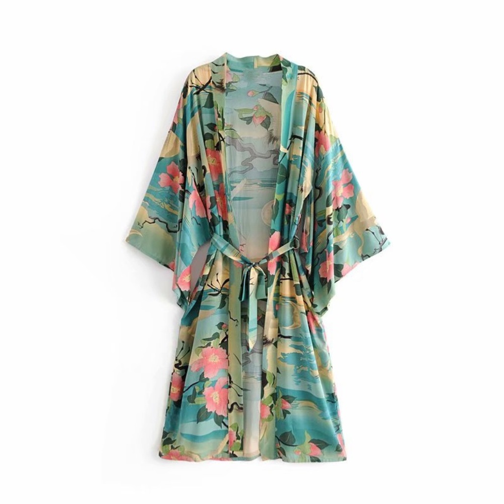 Boho green birds Floral print Kimono cover up - Picture 10 of 10